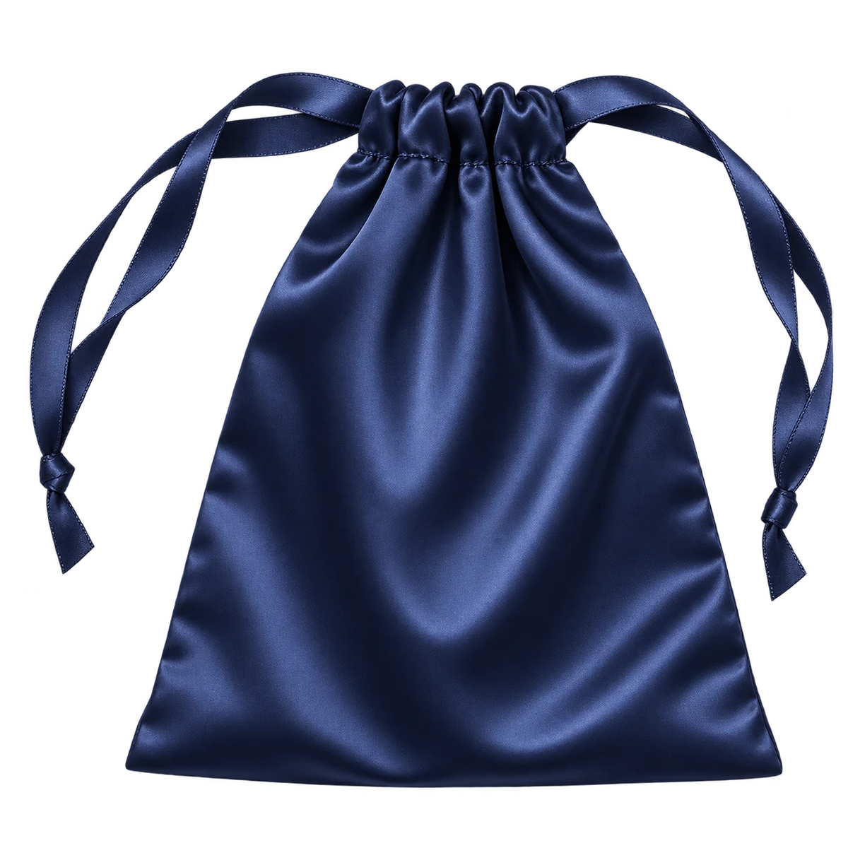 A navy silk drawstring travel pouch for a sleep mask, ribbon ties knotted at each end